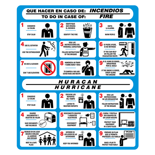Señal Qué Hacer En: Incendios y Huracán (Español e Inglés) Modelo 032 de Estireno Normal 34×40 cm
